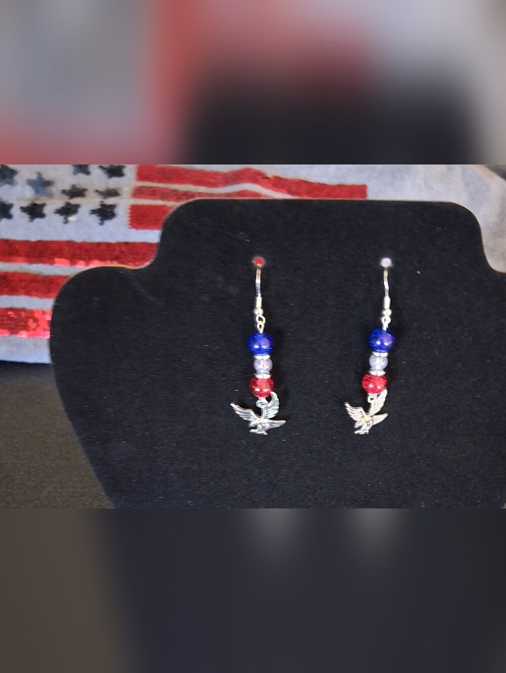 Patriotic Red, White & Blue Hand Crafted Pierced Earrings with Eagles